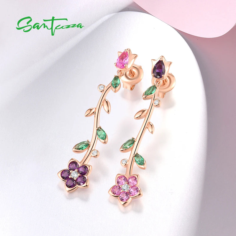 Sterling Silver 925 Sparkling Colorful Gemstone Dangle Flower Earrings for Women