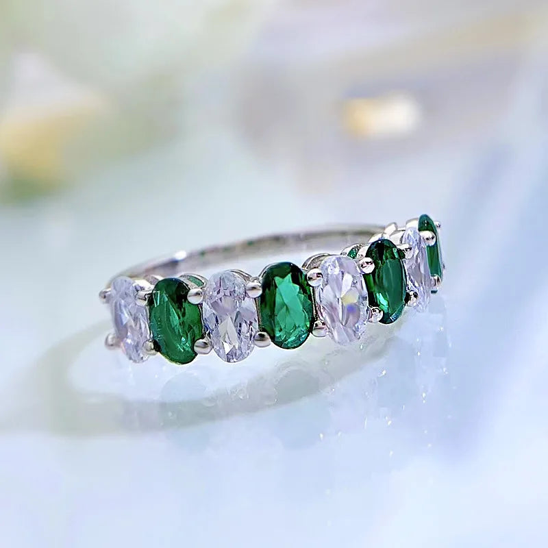 925 Sterling Silver Half Eternity Ring with Emerald Cubic Zirconia for Women