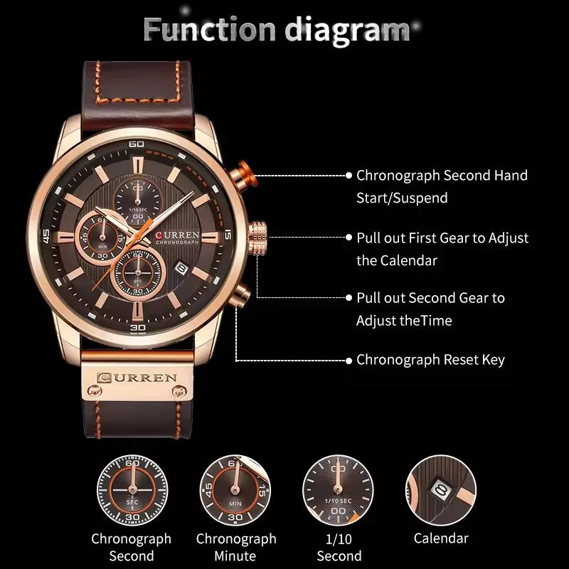 Stainless Steel Brown Leather Chronograph Watch for Men