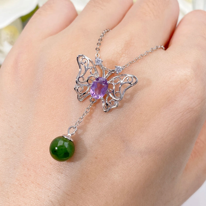 925 Sterling Silver Amethyst, Peridot & Garnet Hollow Butterfly Pendant Necklace for Women