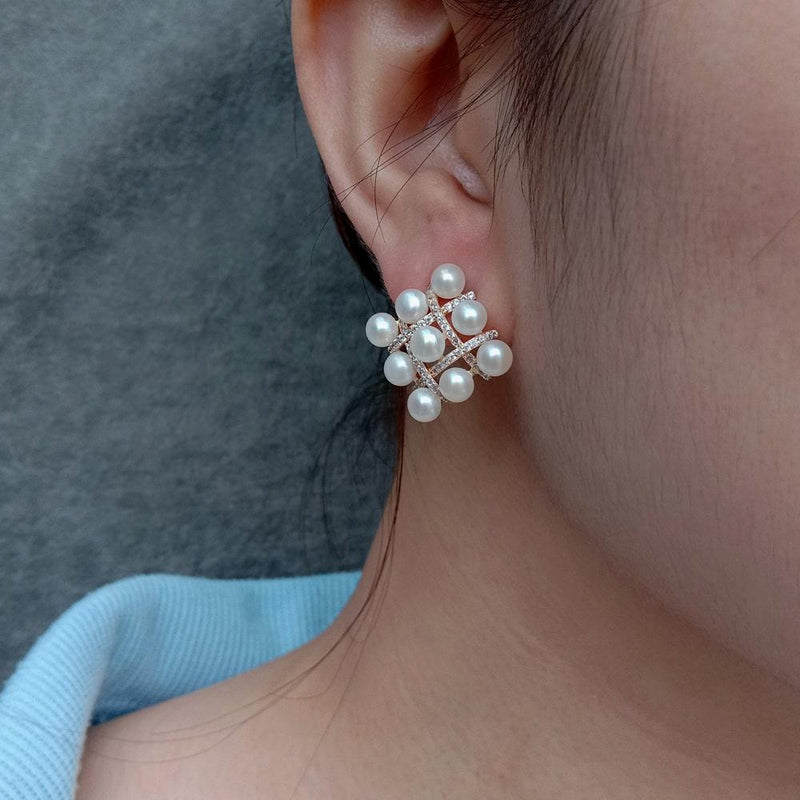Y.YING Freshwater White Pearl Cz Pave Stud Earrings Gold Plated Stud For Women Gift