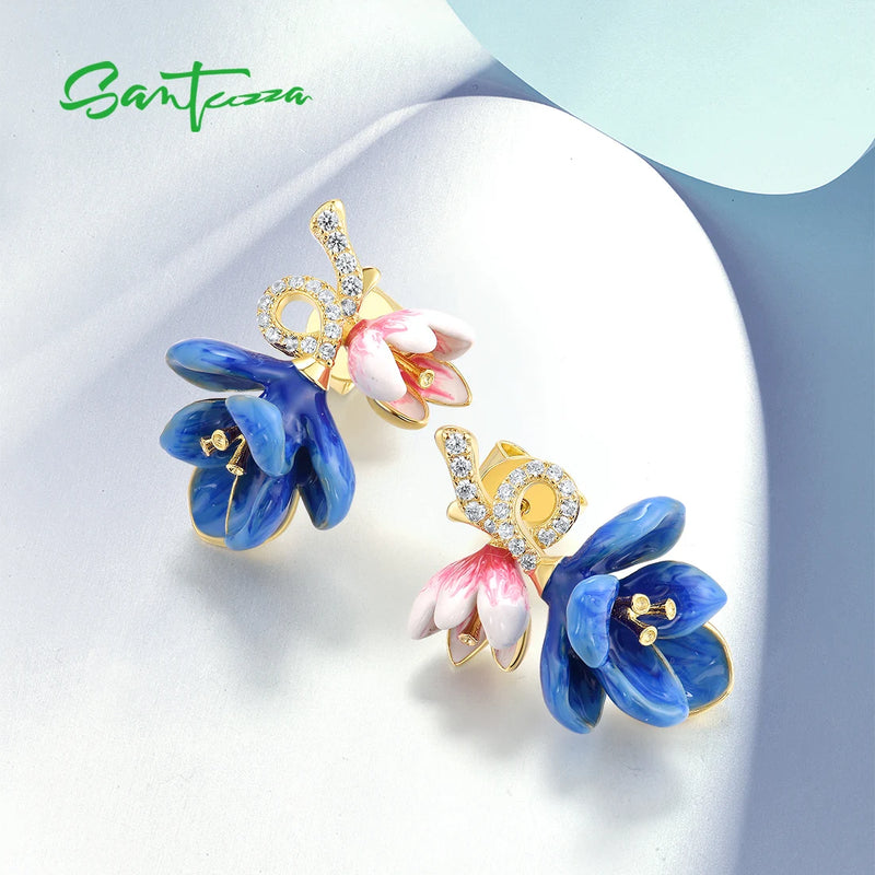 Sterling Silver Sparkling CZ Blue Enamel Blooming Flower Earrings for Women