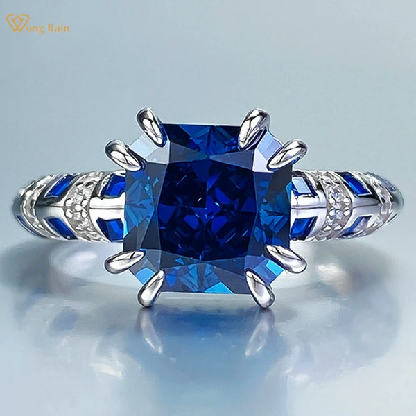 Sterling Silver 8*8 MM Sapphire High Carbon Diamond Gemstone Ring for Women