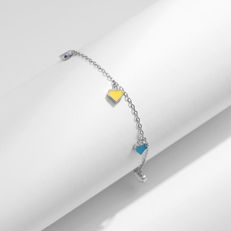 STERLING SILVER Colorful Hearts Bracelet Rainbow Enamel for Women