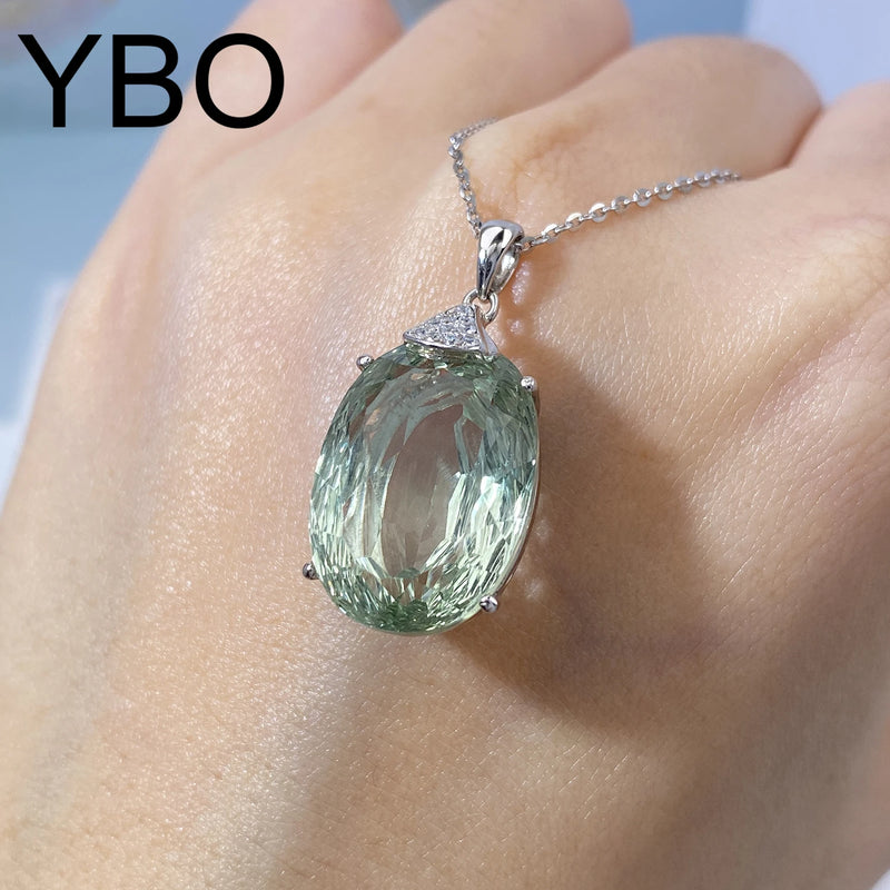 925 Sterling Silver Natural Green Crystal Oval Pendant for Women