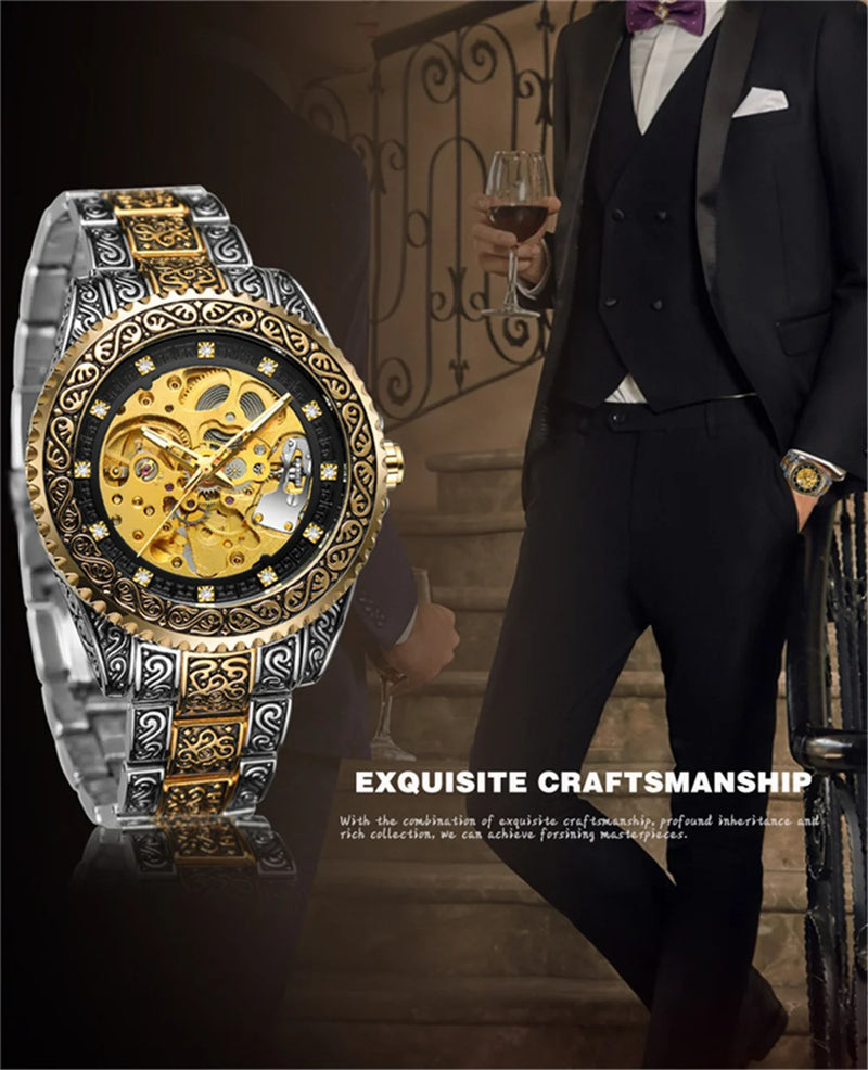 Stainless Steel Gold Automatic Mechanical Watch for Men