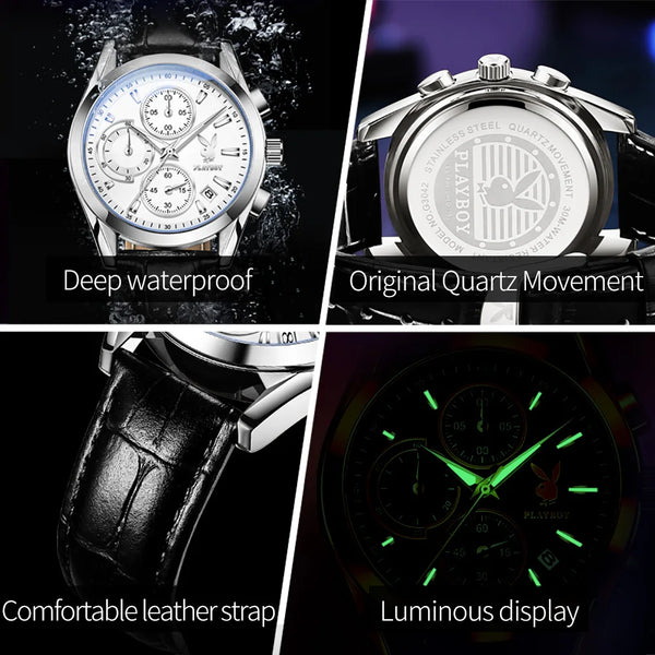 Stainless Steel Leather Multifunction Quartz Watch for Men