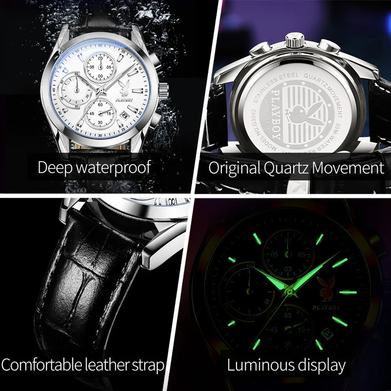 Stainless Steel Leather Multifunction Quartz Watch for Men