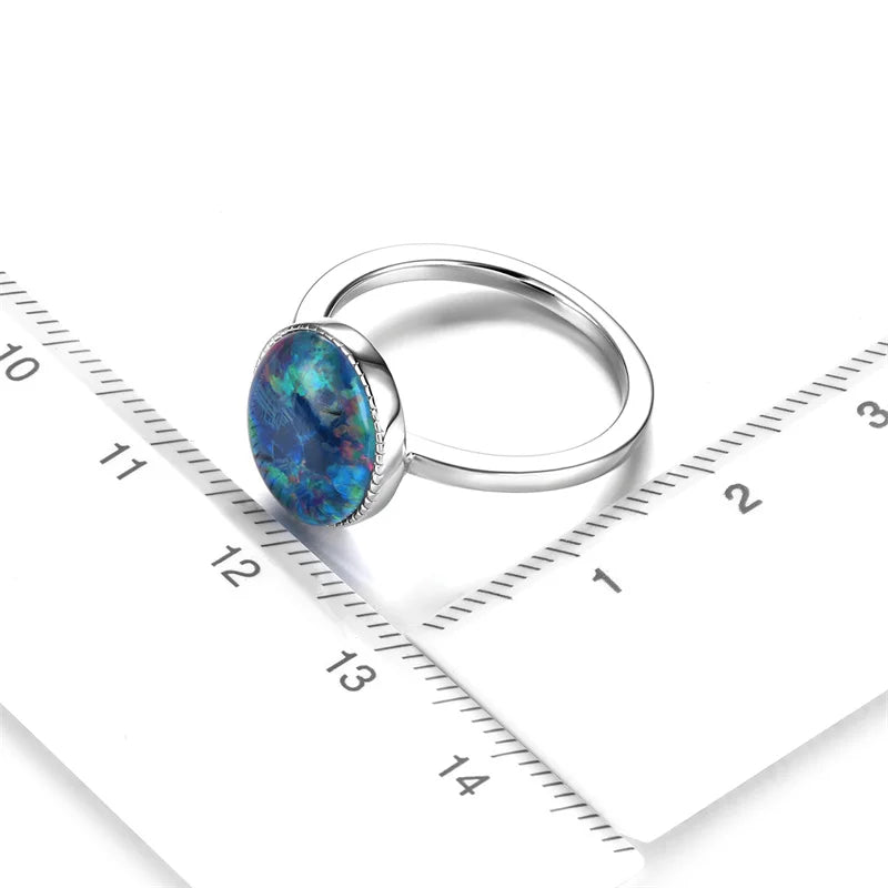 Sterling Silver 3 Carat Created Opal Oval Cut Gemstone Ring for Women