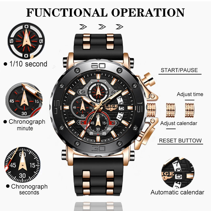 Stainless Steel Silicone Chronograph Date Luminous Watch for Men