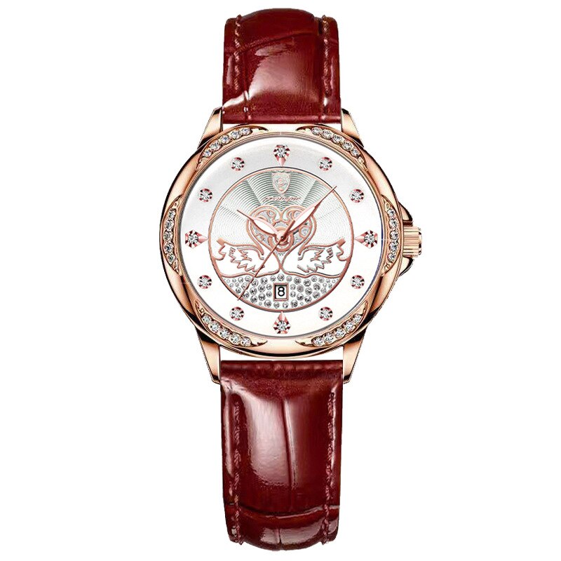 Rose gold Quartz Watch with Leather Bracelet for Women