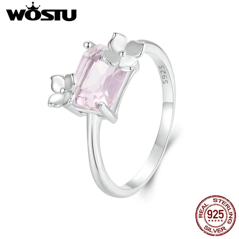 925 Sterling Silver Pink Rectangle Crystal Flower Ring for Women