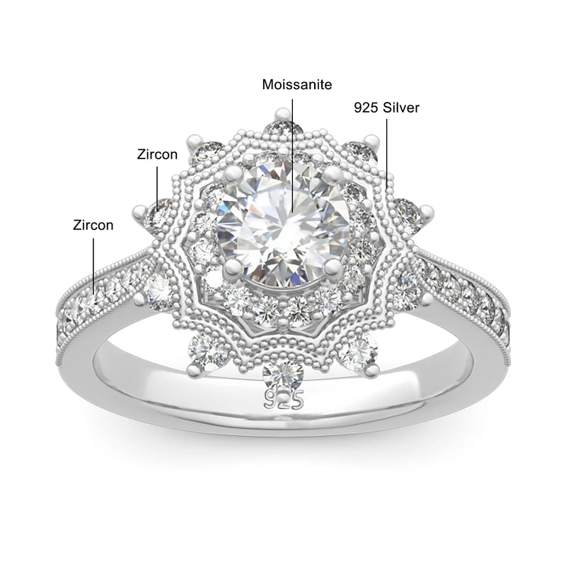 925 Sterling Silver Moissanite Snowflake Ring for Women