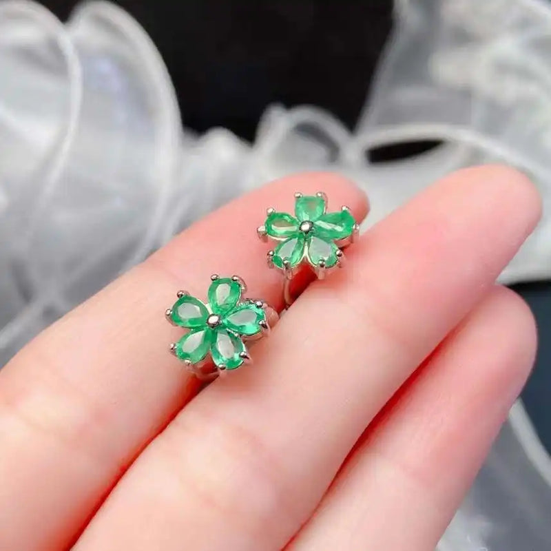 925 Sterling Silver Natural Colombian Emerald Stud Earrings for Women