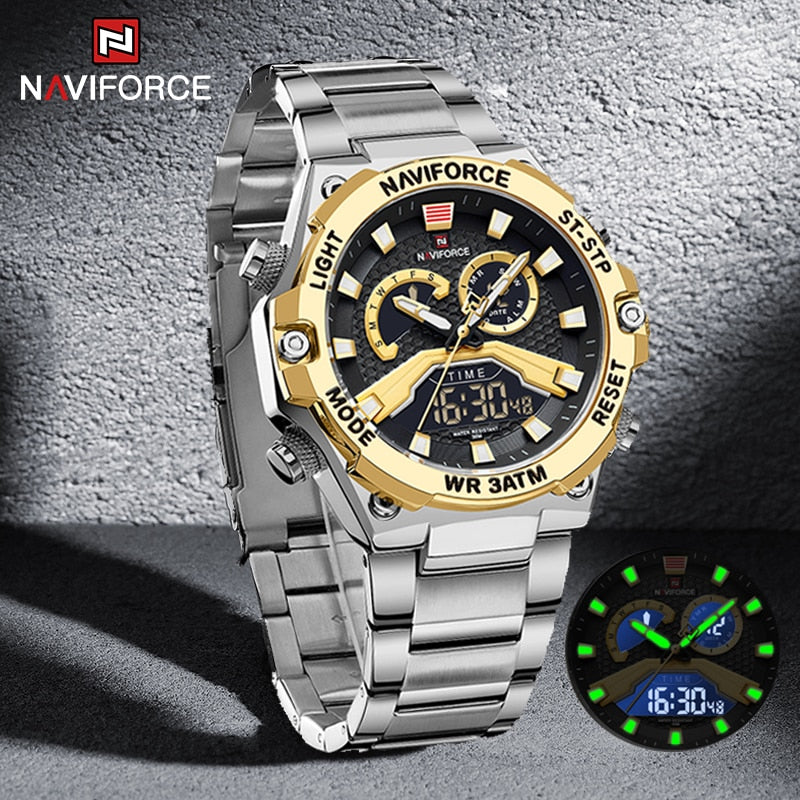 Stainless Steel Luminous Dual Display Watch for Men