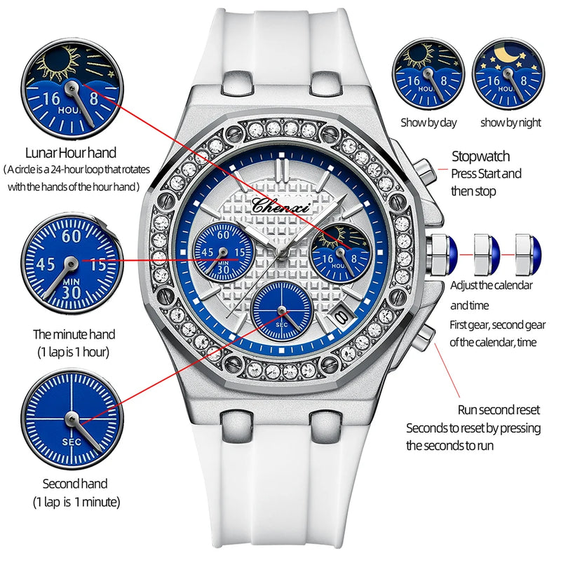 Silicone Quartz Moonlight Phase Timing Calendar Watch for Women