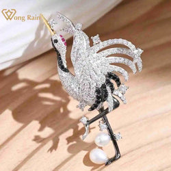 925 Sterling Silver Freshwater Pearl Diamond Crane Brooches for Engagement