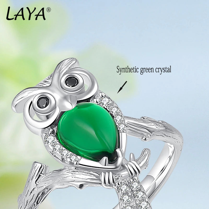 925 Sterling Silver Ring with Green Crystal Owl Design for Women