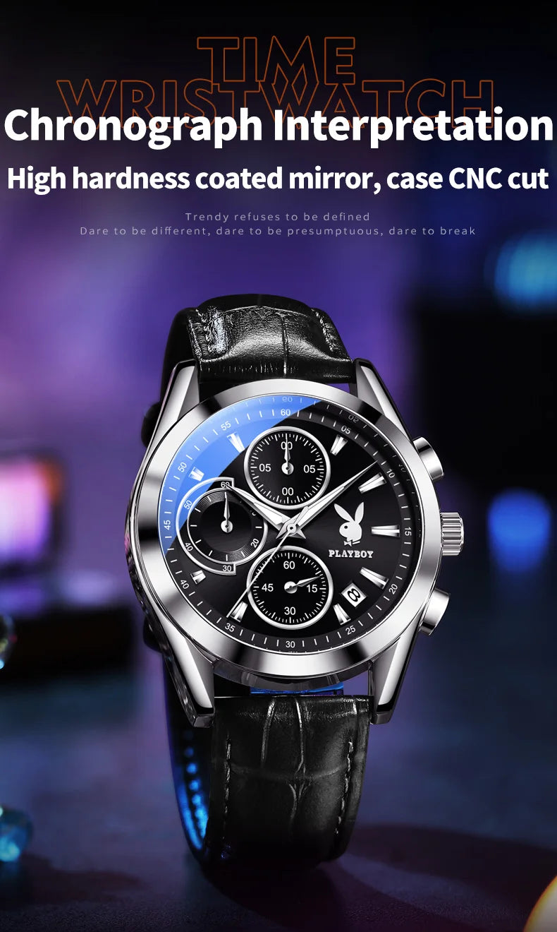 Stainless Steel Leather Strap Chronograph Luminous Quartz Watch for Men