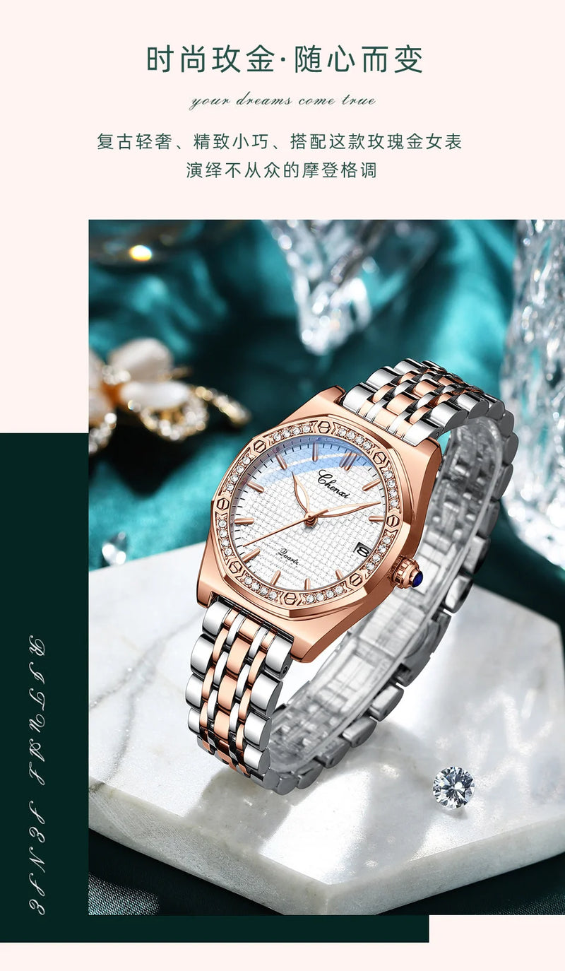 Fashion Diamond-Accented Leather Watch for Women