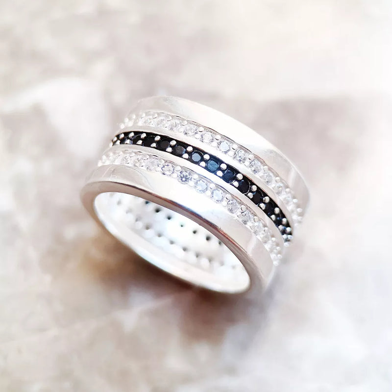 925 Sterling Silver Black & White Pave Ring for Women