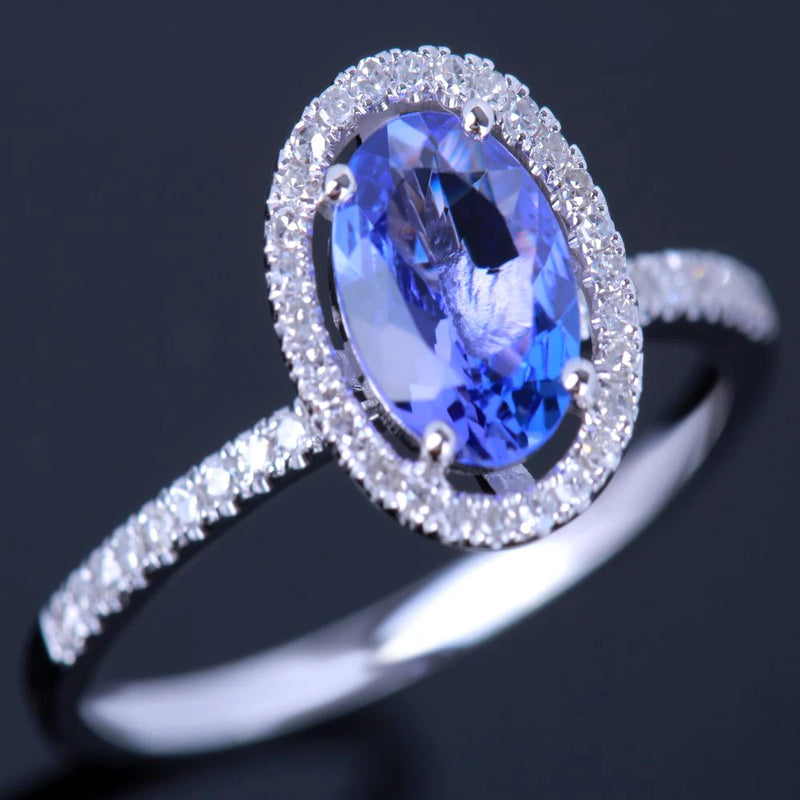 10k White Gold Oval Tanzanite Solid Ring with Diamonds for Women