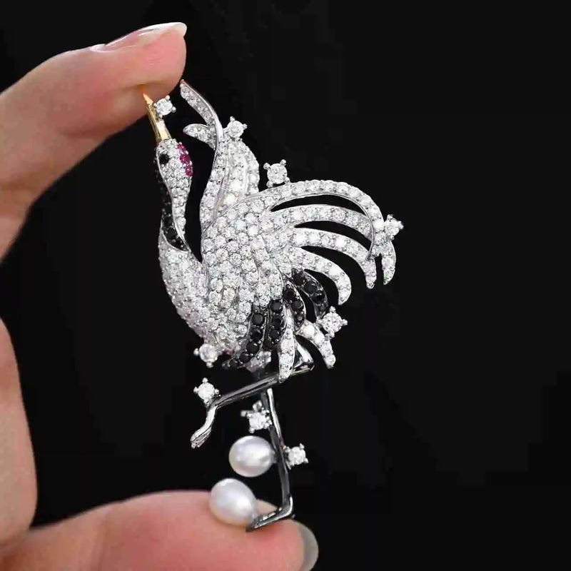 925 Sterling Silver Freshwater Pearl Diamond Crane Brooches for Engagement