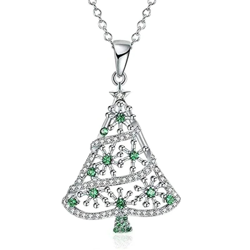 Silver Christmas Tree Design Necklace with Green Cubic Zirconia for Women