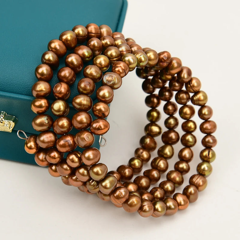 Cultured Coffee Potato Round Pearl Bangle Bracelet for Women