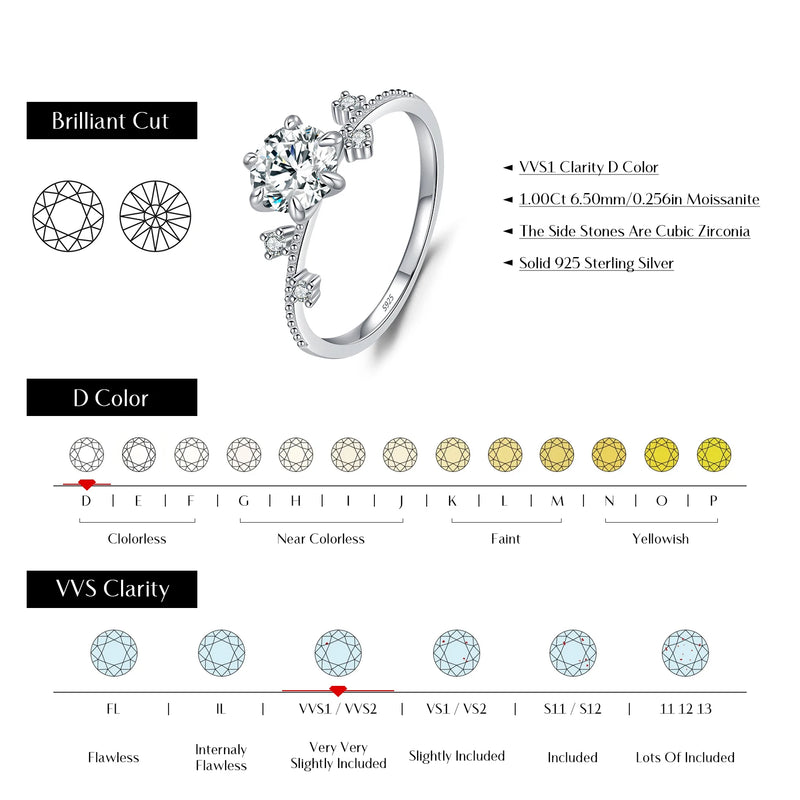 925 Sterling Silver Moissanite 1ct Six Claw Flower Ring for Women