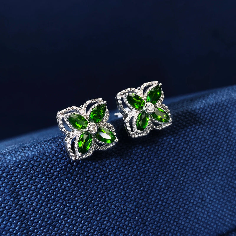 925 Silver Natural Mariquesa Diopside Stud Earrings with Four Leaf Clover Flower Design for Women