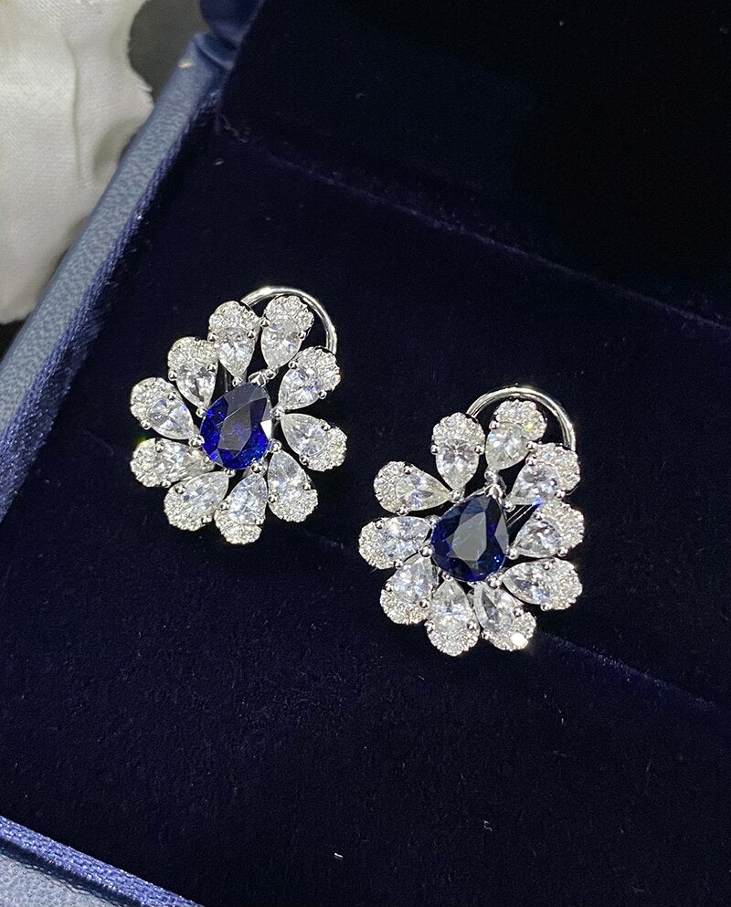 18K White Gold Blue Sapphire Flower Earrings for Women