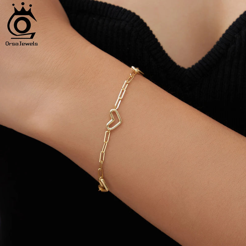 925 Sterling Silver Heart Paperclip Chain Bracelet for Female