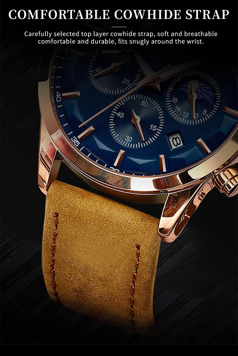 Stainless Steel Leather Luxury Waterproof Date Multifunction Watch for Men