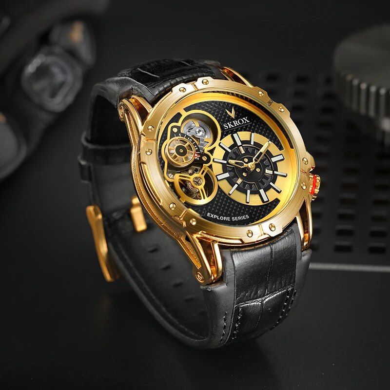 Stainless Steel Leather Double Movement Automatic Mechanical Watch for Men