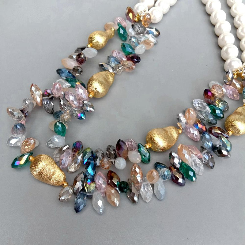 Gold Filled Multi-Color Crystal and Pearl Necklace for Women