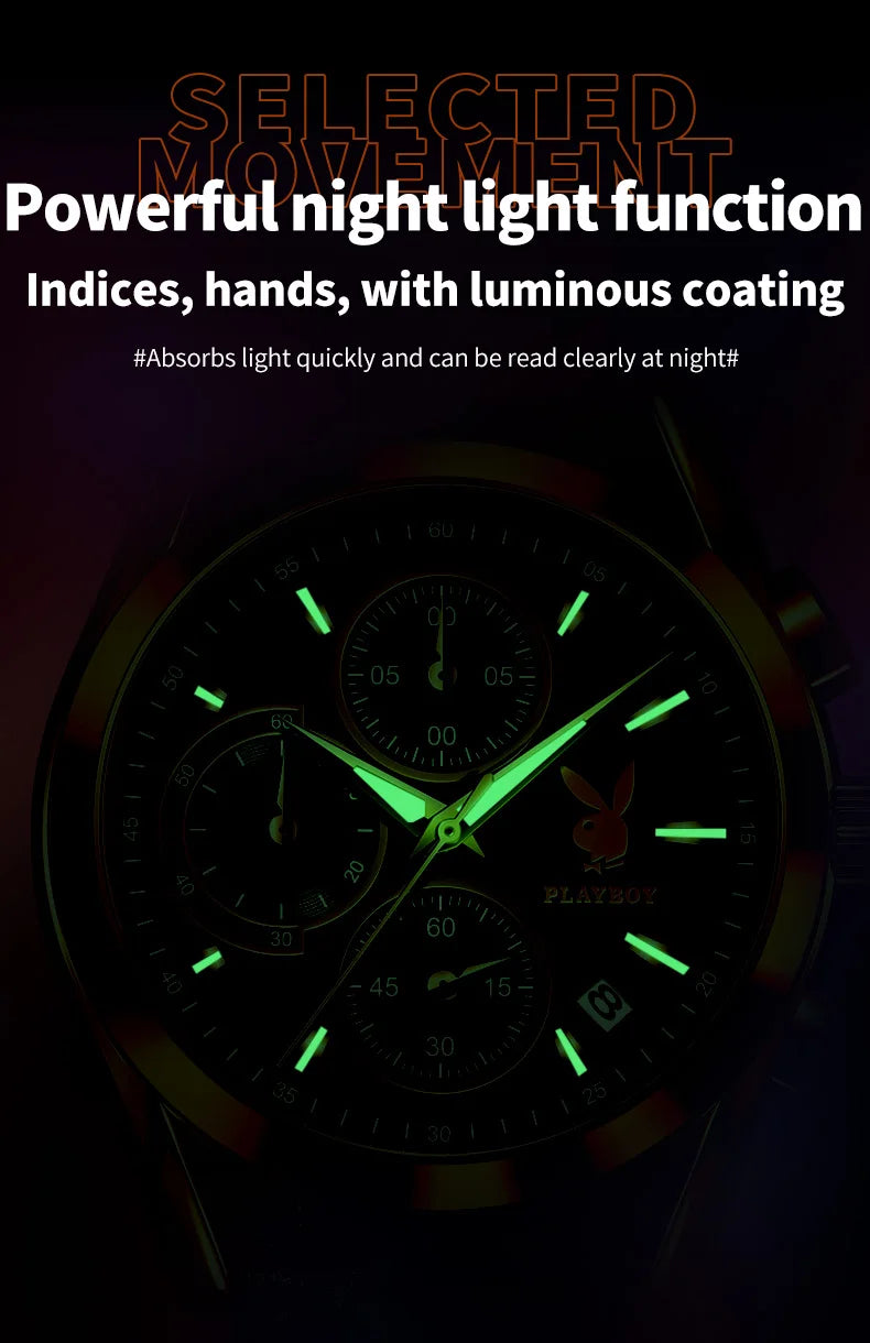 Stainless Steel Leather Strap Chronograph Luminous Quartz Watch for Men