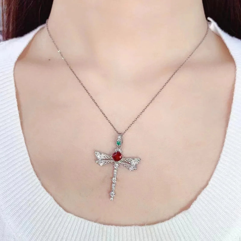 Sterling Silver 5mm Ruby Dragonfly Pendant Necklace for Women