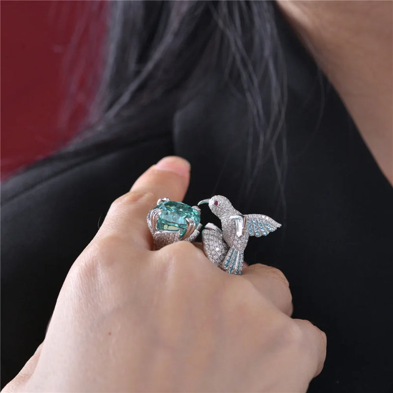 Sterling Silver 6CT Paraiba Tourmaline and Moissanite Hummingbird Ring for Women