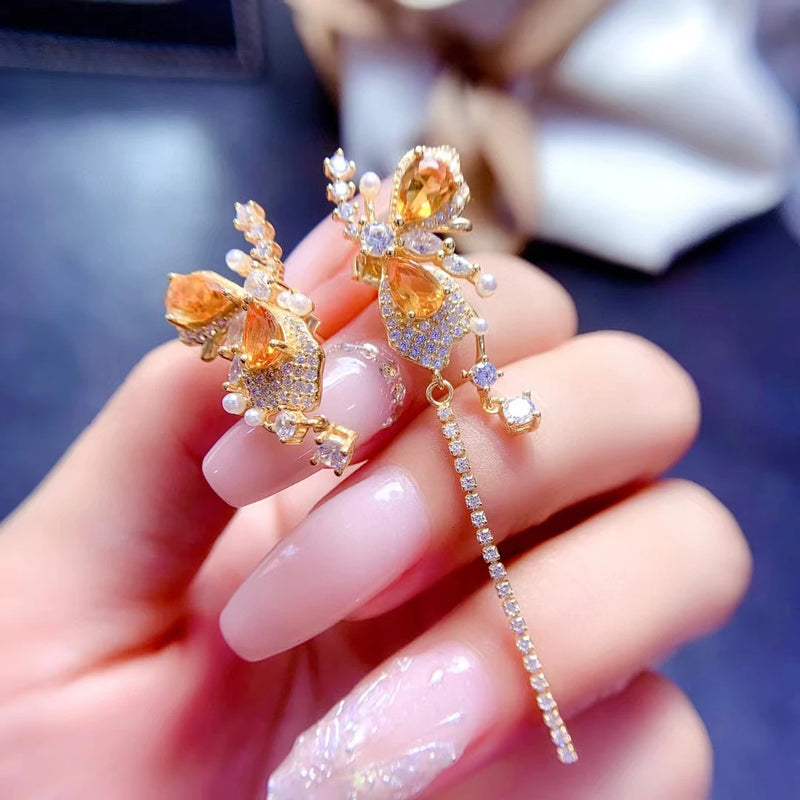 925 Silver Natural Brazil Citrine Butterfly Earrings for Women