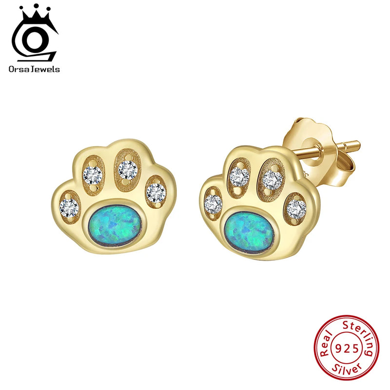 925 Sterling Silver Opal Paw Print Earrings for Her