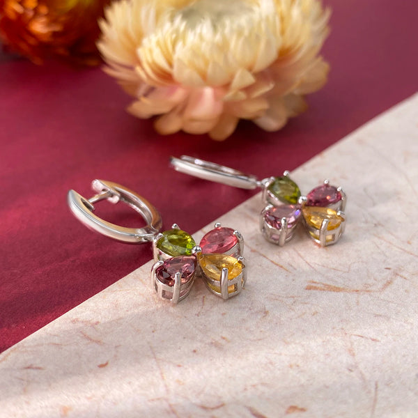 925 Sterling Silver Natural Color Tourmaline Flower Earrings for Women