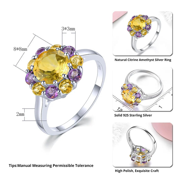 Sterling Silver 2.80 ctw Natural Citrine Amethyst Gemstone Ring for Women