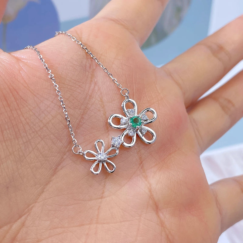 Sterling Silver Natural Emerald Flower Pendant Necklace for Women