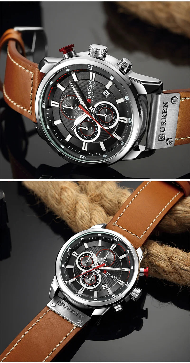 Stainless Steel Brown Leather Chronograph Watch for Men