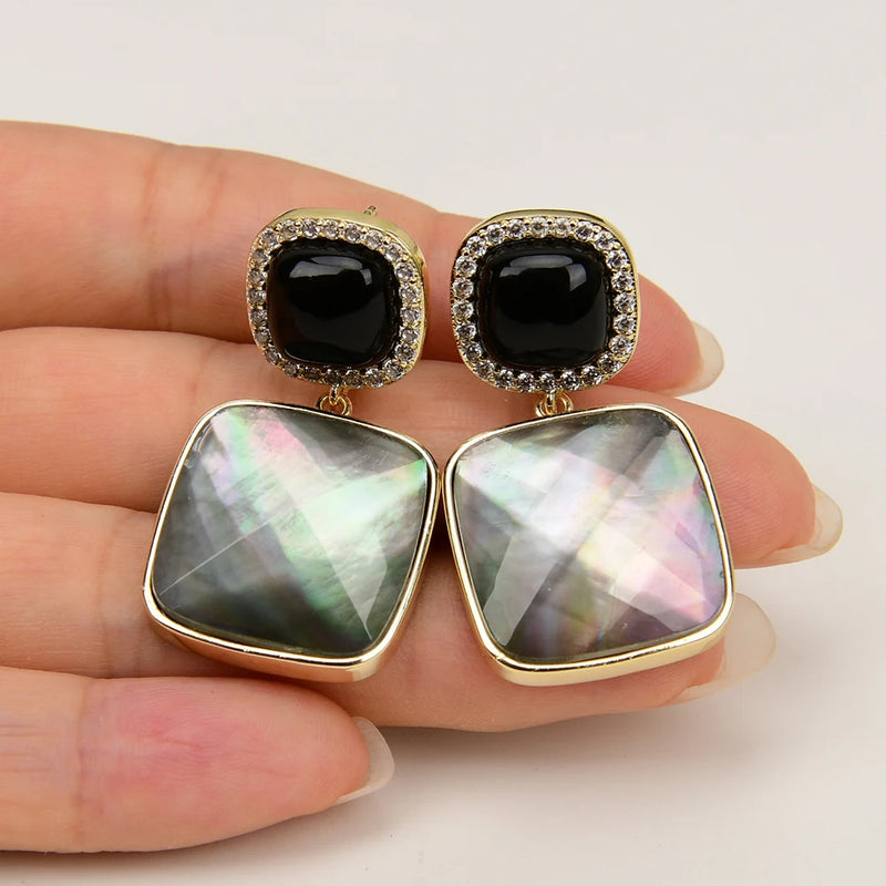 Sterling Silver Black Sea Shell Square Stud Drop Earrings For Lady