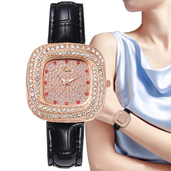 Stainless Steel Full Star Diamonds Square Quartz Watch for Women