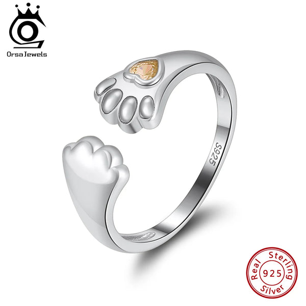 Sterling Silver Cat Paw Ring with Zircon, Adjustable, for Her