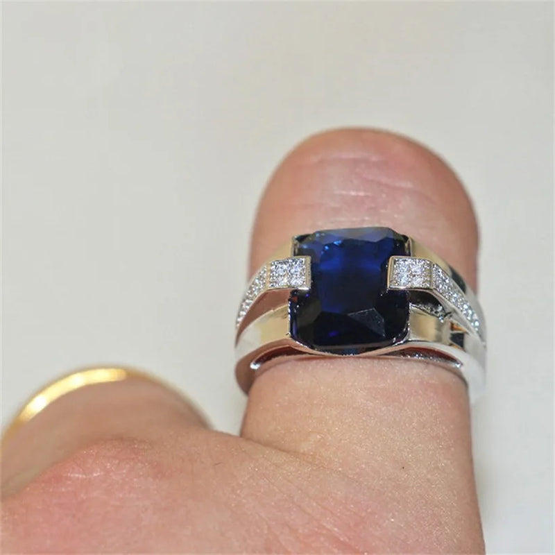 925 Sterling Silver Blue Sapphire Square Gemstone Ring for Men