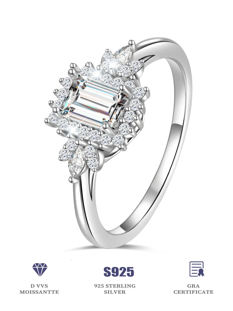 925 Sterling Silver Moissanite Emerald Cut Flower Engagement Ring for Women